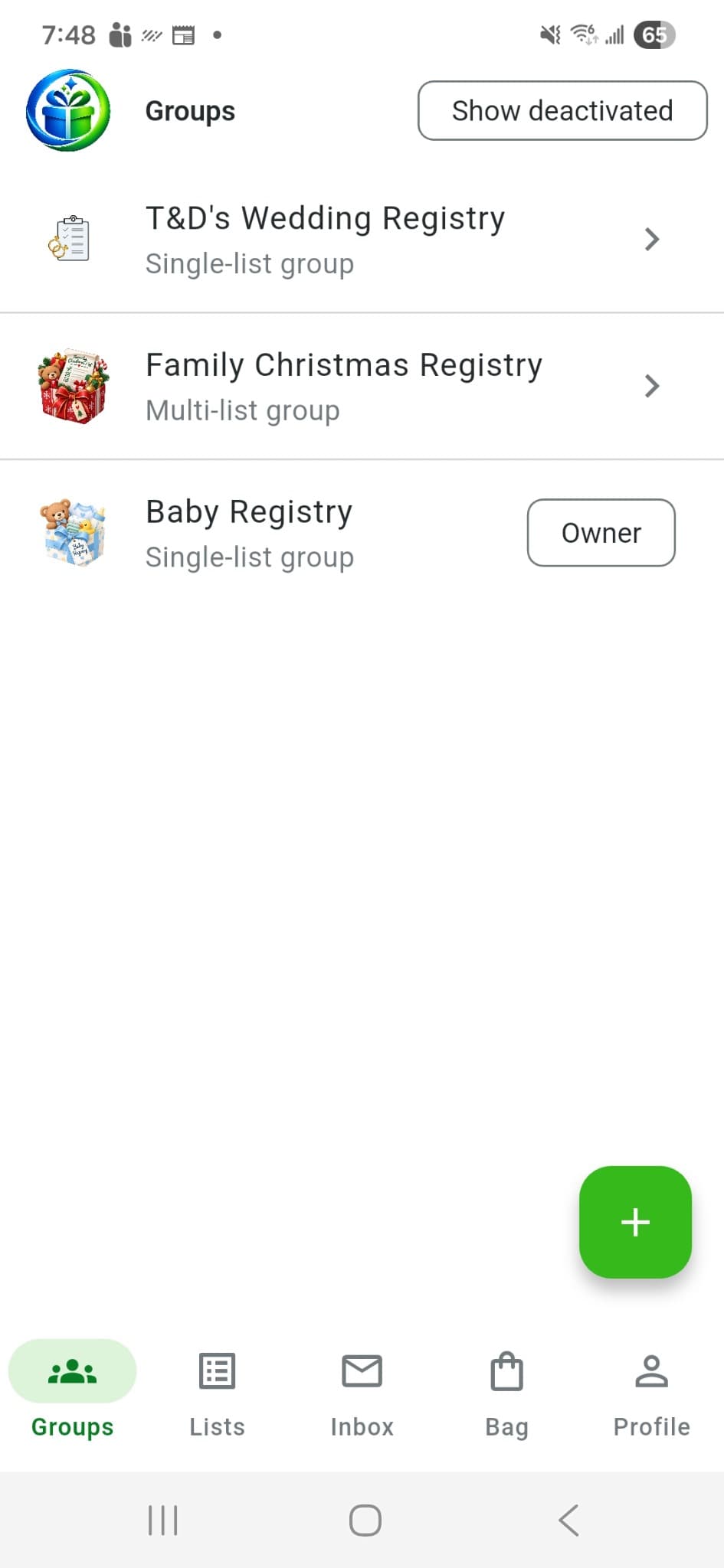myWishbook Groups screen showing wedding, Christmas and baby registries