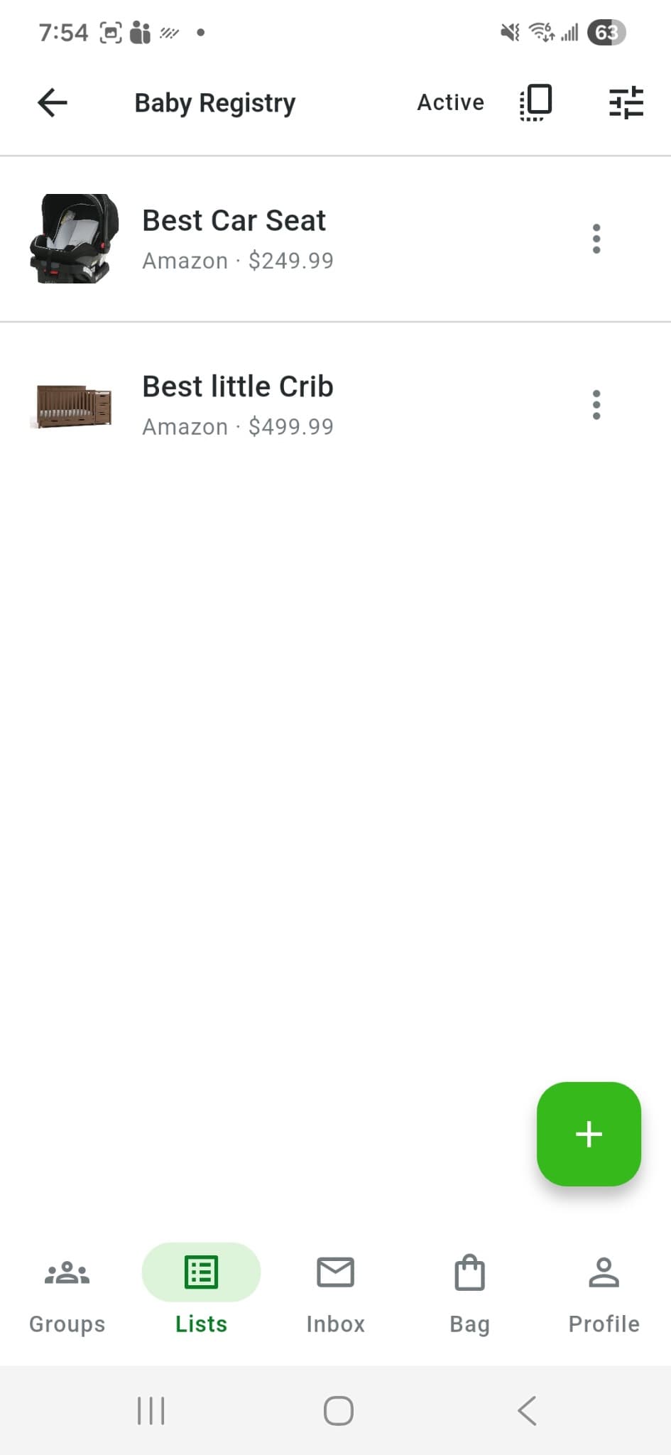 Baby Registry in myWishbook showing requested gift items